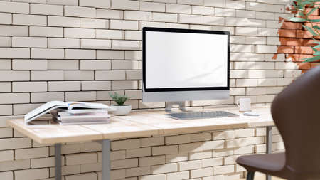 Empty desktop computer with decoration and Space for banner and logo. Mock-up minimal idea concept, 3D Render.の写真素材