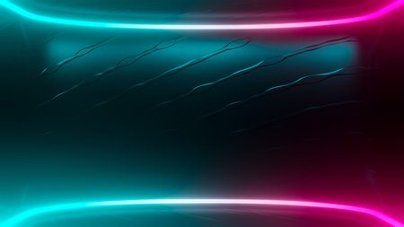 Futuristic sci-fi empty stage. reflective with Magenta and Green-Blue fluorescent neon tube and multicolored smoke. Technological elements innovation background, 3D Render.の写真素材