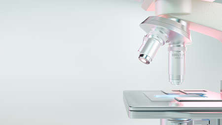 Microscope chemistry. pharmaceutical instrument. microbiology magnifying tool and symbol of chemical science exploration. Space for banner and logo. Science and Technology background, 3D Render.の写真素材