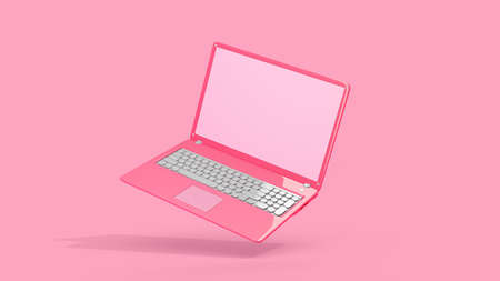 Pink laptop empty display side view. Isolated Mock-up computer, Minimal idea concept, 3D Render.の写真素材