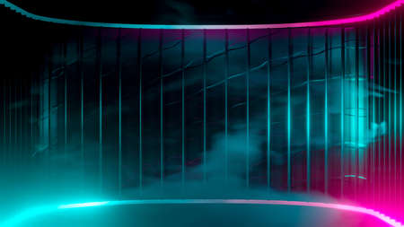 Futuristic sci-fi empty stage. reflective with Magenta and Green-Blue fluorescent neon tube and multicolored smoke. Technological elements innovation background, 3D Render.の写真素材