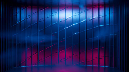 Futuristic sci-fi empty stage. reflective with Magenta and Blue fluorescent neon tube and multicolored smoke. Technological elements innovation background, 3D Render.の写真素材