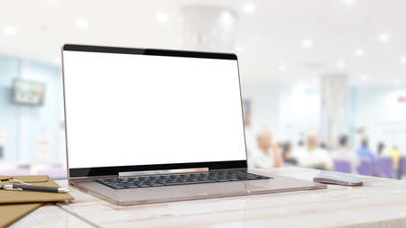 Laptop Mock-Up Empty screen on the service counter with blurred background. 3D Render.の写真素材