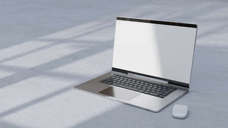 Empty display laptop with decoration minimal. Shadow from tree and window on cement floor. Mock-up computer and minimalism concept, 3D Render.の写真素材