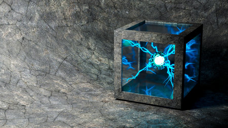 Electric arc energy cube in mortar box. placed on the cement floor blue sparks. 3d Render.の写真素材