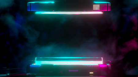 Power podium empty stage with bright neon lamps and multicolored smoke, Presentation of the show. Scene of the future  Sci-fi idea concept. Technological elements innovation background, 3D Render.の写真素材