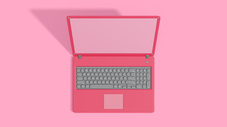 Pink laptop empty display top view. Isolated Mock-up computer, Minimal idea concept, 3D Render.の写真素材