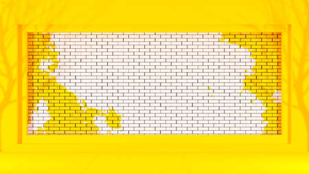 Yellow Brick wall and white in the frame and shadow of the tree. for texture background. 3D Render.の写真素材