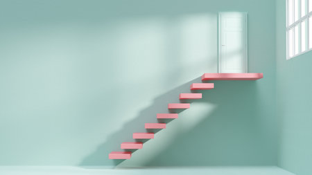 Pink pastel Stairs in building. side window light.  green pastel room background and Space for banner and logo. Minimal idea concept, 3D Render.の写真素材