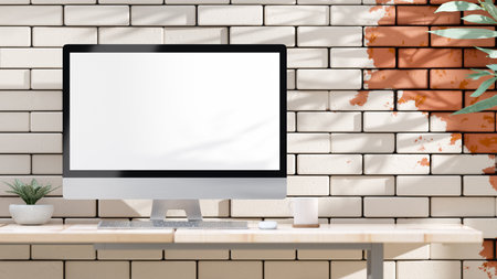 Empty desktop computer with decoration and Space for banner and logo. Mock-up minimal idea concept, 3D Render.の写真素材