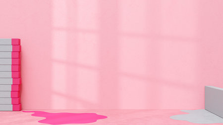 Pink room light from the window shining from the side. Wall and floor made of cement. Square shape not neatly. Minimal idea concept, 3D Render.の写真素材