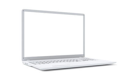 White laptop empty display side view. Isolated Mock-up computer, 3D Render.の写真素材