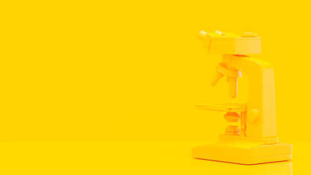 Yellow microscope in yellow lab. Space for banner and logo. Minimal and laboratory background concept, 3D Render.の写真素材
