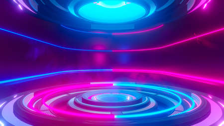 Power podium empty stage with bright neon lamps and multicolored smoke, Presentation of the show. Scene of the future  Sci-fi idea concept. Technological elements innovation background, 3D Render.の写真素材