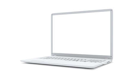 White laptop empty display side view. Isolated Mock-up computer, 3D Render.の写真素材