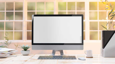 Computer Mock-Up Empty screen on the desk front window.  3D Render.の写真素材