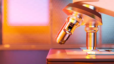 Microscope on table beside window, close-up shot and orange light onto work area. Science and laboratory background concept, 3D Render.の写真素材