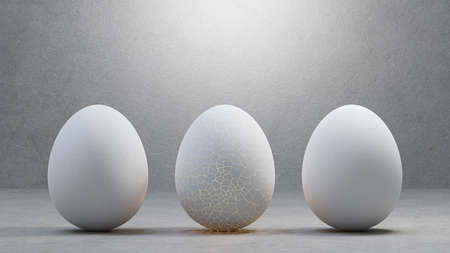 Cracked egg to hatching with light inside, on cement floor, and light shining from above. Success and Minimal idea concept, 3D Render.の写真素材