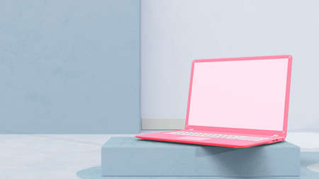 Pink laptop in blue room  with decoration minimal. Mock-up computer and minimalism concept, 3D Render.の写真素材