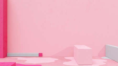 Pink room light Wall and floor made of cement. Square shape not neatly. Minimal idea concept, 3D Render.の写真素材