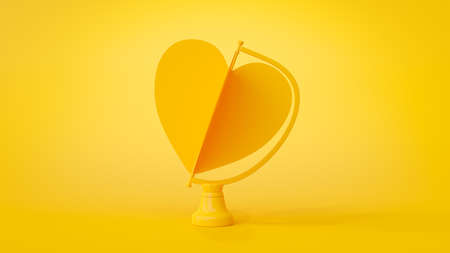 yellow heart on rotating platform. on yellow background. Minimal idea concept. 3D Render.の写真素材