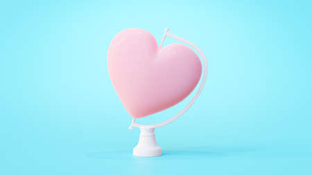 Pink heart on rotating platform. on blue background. Minimal idea concept. 3D Render.の写真素材