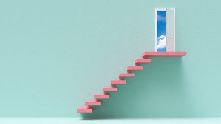 Pink pastel Stairs in building. Open door Outside bright sky.  green pastel room background and Space for banner and logo. Minimal idea concept, 3D Render.の写真素材