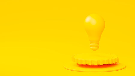 Minimal concept. Yellow light bulb floating on gear. Concept, Idea drive and development. 3D Render.の写真素材