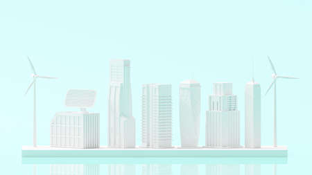 Minimal concept. White building and electric turbine mockup set lined up on blue background. 3D Render.の写真素材