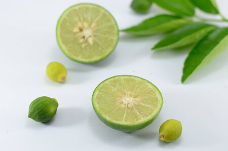 Fresh lime and slice, Isolated on white background.の写真素材