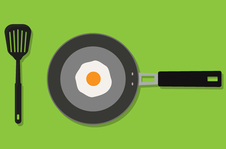 Frying pan with egg and turner vector illustration.のイラスト素材