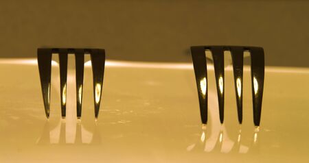 Two silver fork on gold backgroundの写真素材