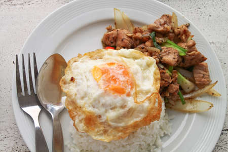 Asian cuisine, a fried egg on rice の写真素材