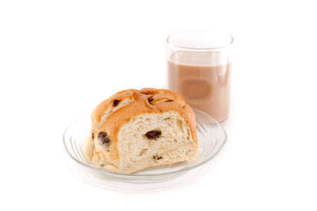 Breakfast or snack  raisin bread and hot chocolate の写真素材