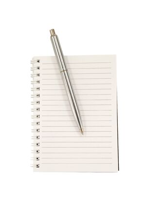 Opened booklet with pen isolated on white background の写真素材