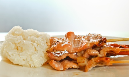 Roast Pork with sticky rice on the plate の写真素材
