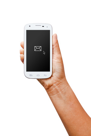 Hand holding white smartphone with message screen.の写真素材