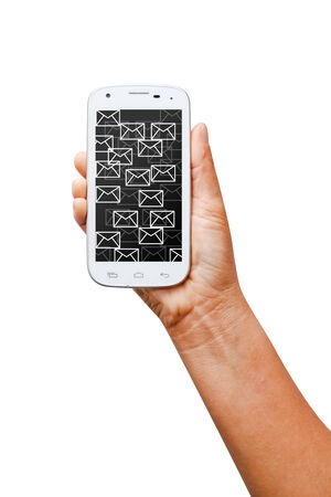 Hand holding white smartphone with message screen.の写真素材