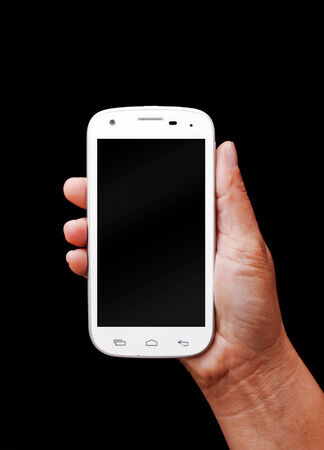 Hand holding white smartphone with blank screen.の写真素材