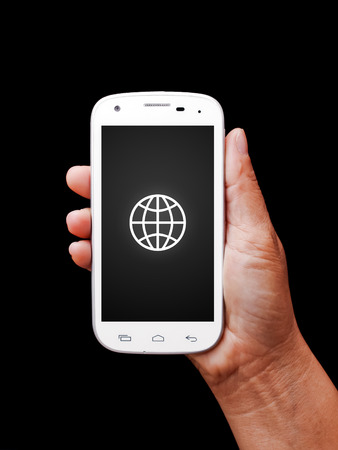 Hand holding white smartphone with blank screen.の写真素材