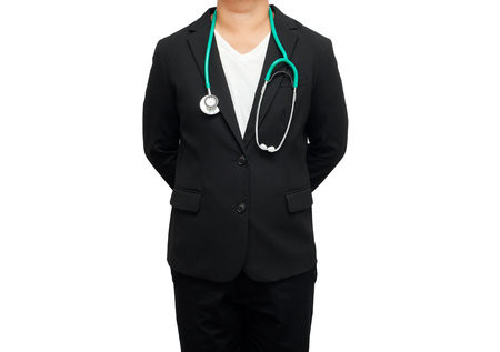 Doctor standing and hands behind on white background. Healthcare and medicine.の写真素材