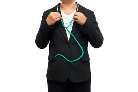 Doctor with stethoscope in the hands on white background. Healthcare and medicine.の写真素材