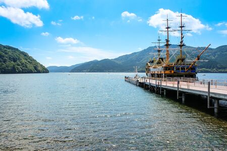 View of a jetty on the shore of Lake in Japan.の写真素材