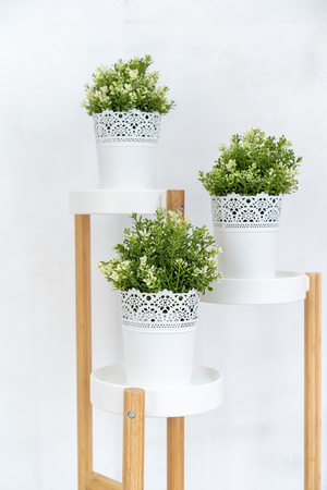 White flower pot with bright green fake trees.
Flower shelves on a white background.の写真素材