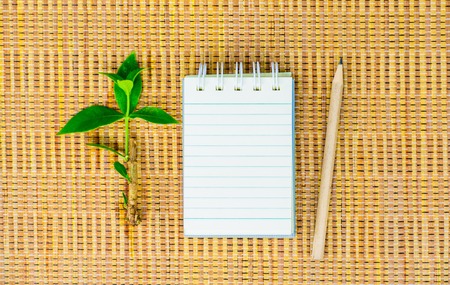 Notepad with pencil on wood board background. using wallpaper or background for education photo. Take note of the product for book with  paper.の写真素材