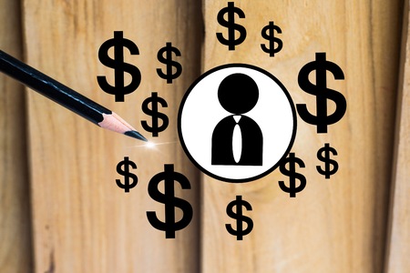 pencil with dollar and man vector on wood board background. using wallpaper or background for education, business photo. Take note of the product for book with paper and concept or copy space.の写真素材