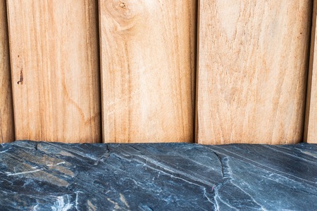 Empty wooden floor with tree blurred bokeh background. Using wallpaper or background for copy space image.の写真素材