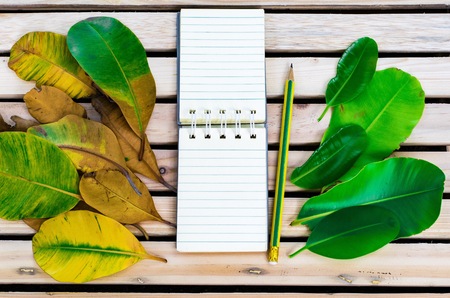 Notepad with pencil on wood board background. using wallpaper or background for education, business photo. Take note of the product for book with paper and concept or copy space and note.の写真素材