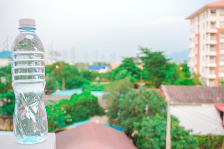 Bottle water made to plastic on blurry background.Using wallpaper for package or product, refreshing image and copy space.の写真素材