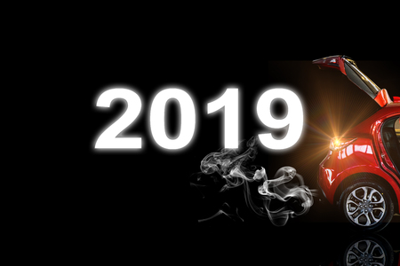 Car tail light red color with smoke andnvector 2019 for customers. Using
wallpaper or background for transport or automotive automobile and
happy new year 2019 image.の写真素材